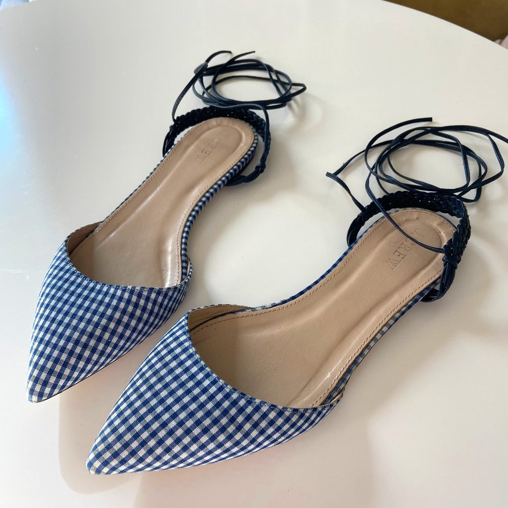 CLOSET CLOSING J Crew Gingham Slingback Ankle Wrap Pointed Toe Gingham Flats 7.5